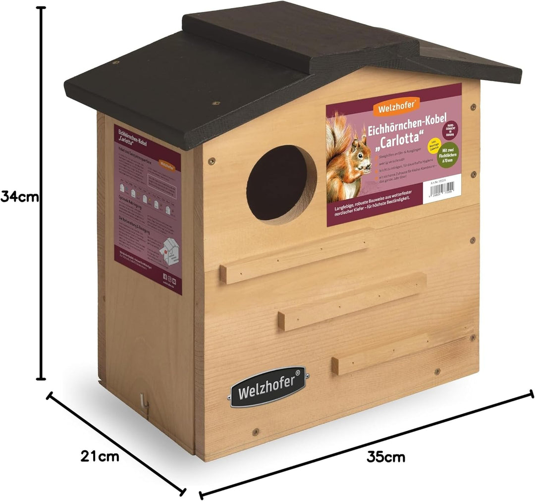 Welzhofer Eichhörnchen-Kobel Carlotta – wetterfestes Eichhörnchenhaus mit 2 EIN-/Ausgängen, Belüftun