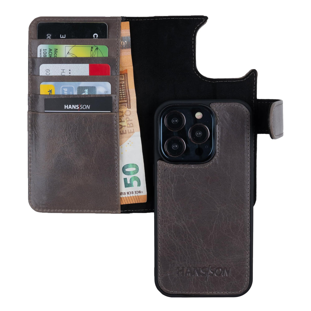 HANS/SON Handyhülle kompatibel mit iPhone 14 pro | Flip Case Echt-Leder | Magsafe Klapphülle mit Kar
