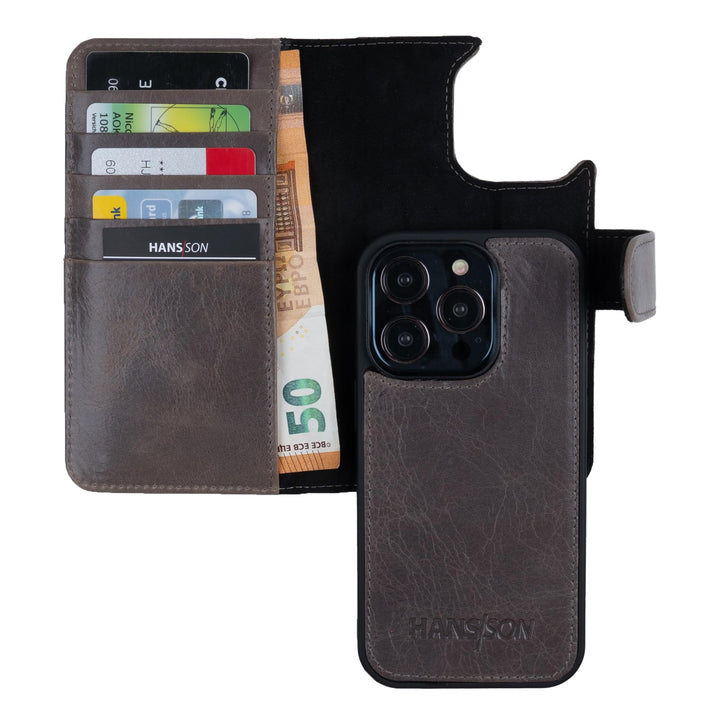 HANS/SON Handyhülle kompatibel mit iPhone 14 pro | Flip Case Echt-Leder | Magsafe Klapphülle mit Kar
