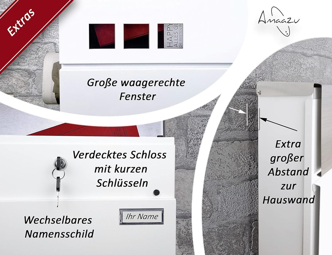 AMAAZU Briefkasten Weiss/Edelstahl [Waagerechte Sichtfenster] Postkasten mit Zeitungsfach Postbox gr