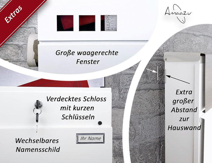 AMAAZU Briefkasten Weiss/Edelstahl [Waagerechte Sichtfenster] Postkasten mit Zeitungsfach Postbox gr