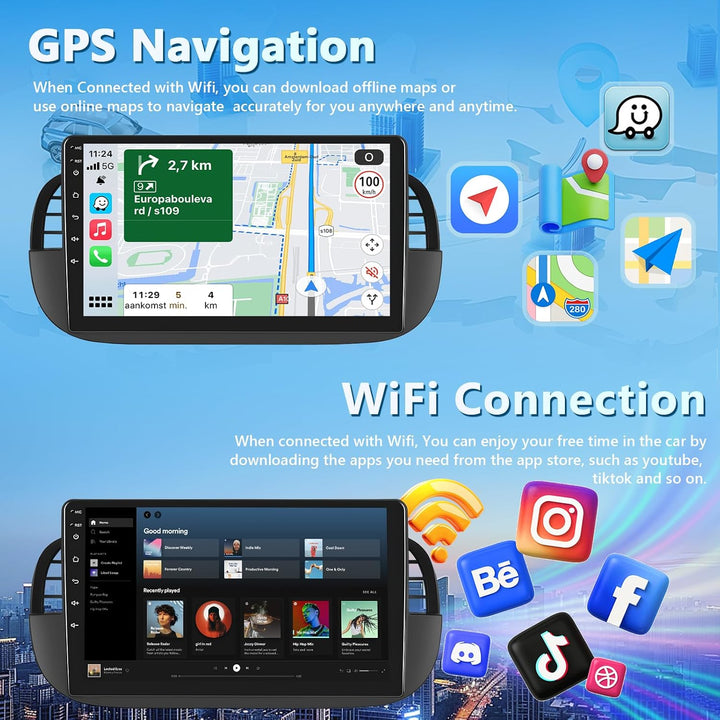 Carplay Autoradio für FIAT 500 2007-2015, 2GB+64GB Bildschirm Car Stereo mit Wireless Android Auto G