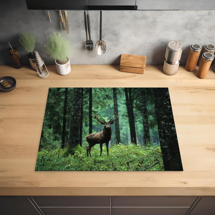 MuchoWow Herdabdeckplatte Ceranfeld Spritzschutz Küche Hirsche - Wald - Bäume - Tiere - Natur 65x52