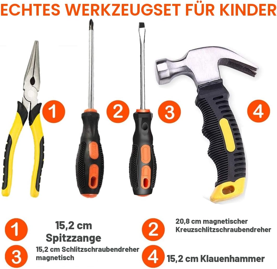 Kinder-Werkzeug-Set, Junge Bauarbeiter, Kindergrösse, echter Handwerkzeug,25-teilig, Hammer, Lernwer