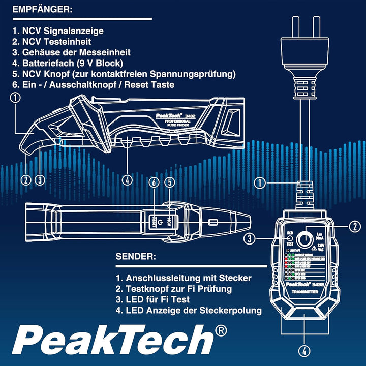 PeakTech 3432 Sicherungsfinder / Stromkreisfinder mit Steckdosentester für 230V Schuko, kontaktlose