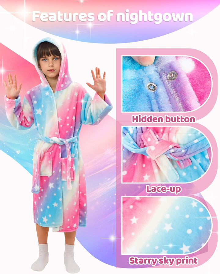 KAKU NANU Kuschelig weicher Bademantel für Mädchen,Flauschiger Regenbogen Plüsch Morgenmantel mit Ka