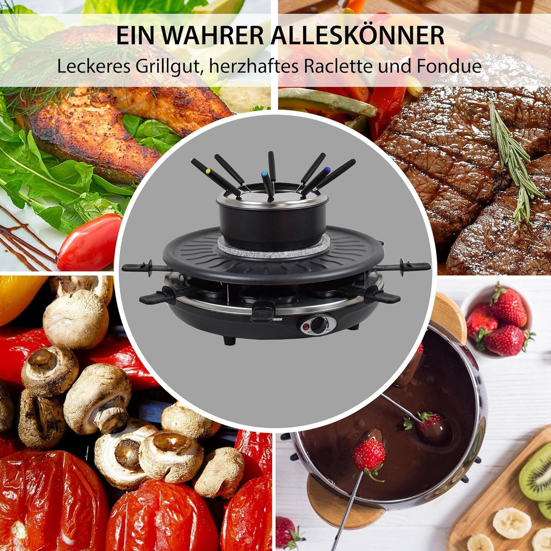 Syntrox Germany RAC-1350W-Waadt 4 in 1 Raclette Grill Fondue Heisser Stein für 8 Personen, Edelstahl