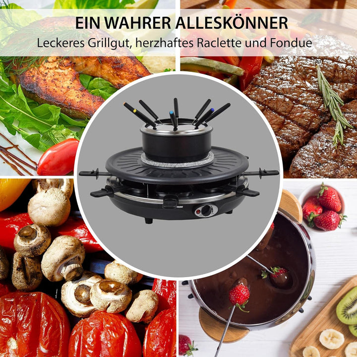 Syntrox Germany RAC-1350W-Waadt 4 in 1 Raclette Grill Fondue Heisser Stein für 8 Personen, Edelstahl