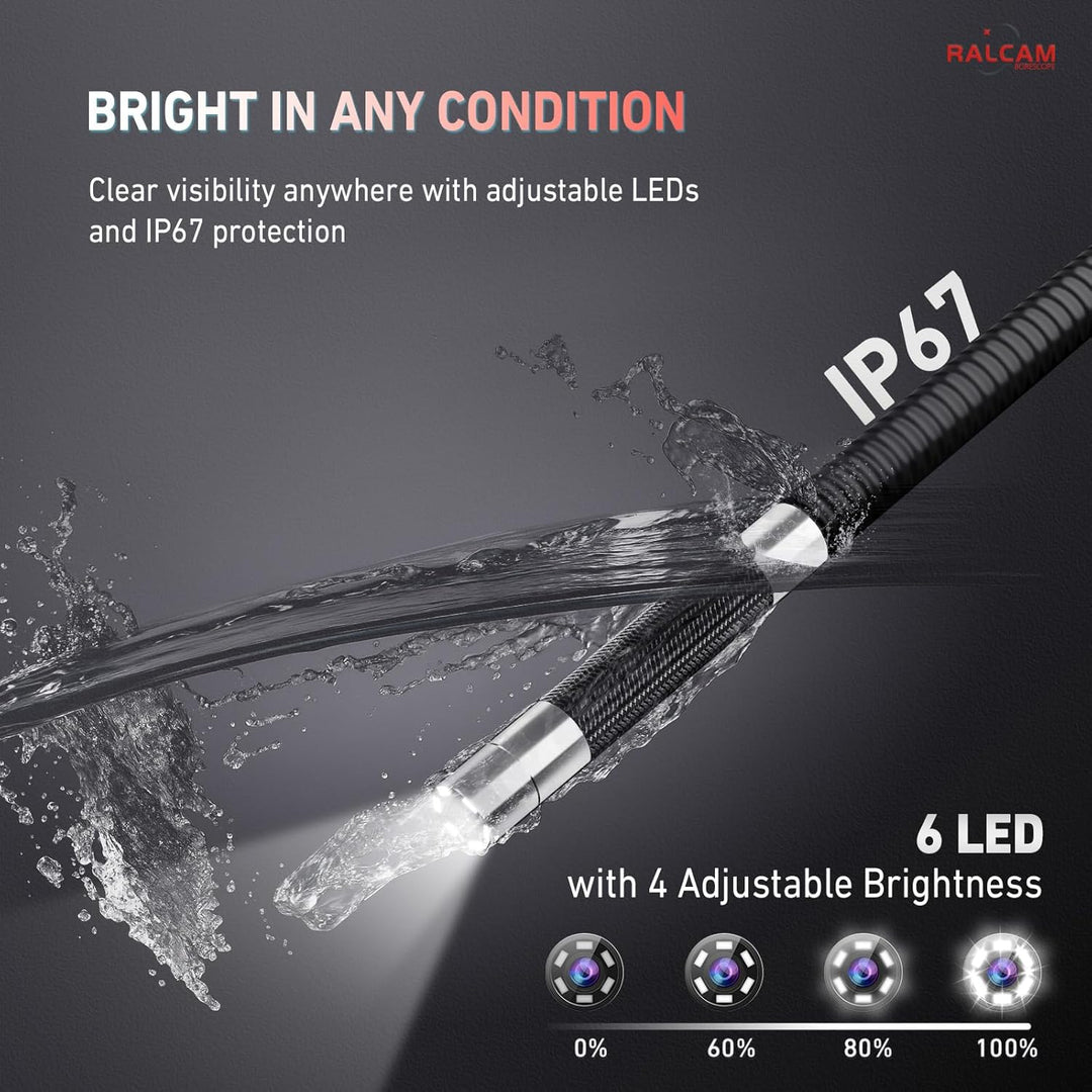 Ralcam Endoskopkamera mit Licht, Endoscope Camera mit 210° beweglichem Kopf, 6.2mm Sonde, 5" HD Bild