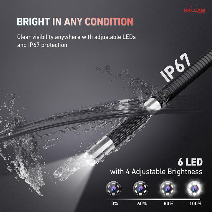 Ralcam Endoskopkamera mit Licht, Endoscope Camera mit 210° beweglichem Kopf, 6.2mm Sonde, 5" HD Bild