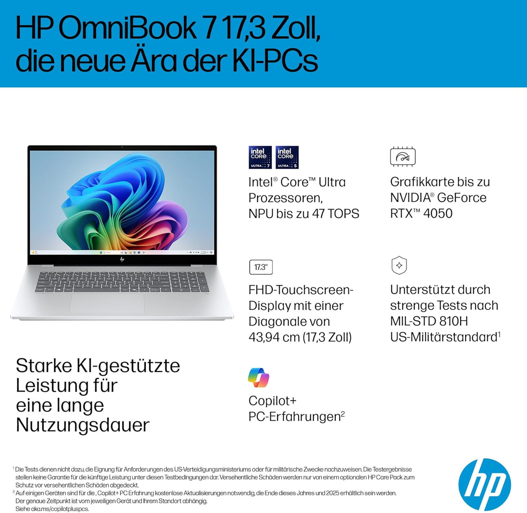 HP OmniBook 7 Next Gen AI PC, Copilot+ PC, 17.3 Zoll FHD Touch Display, Intel Core Ultra 7 256V (47