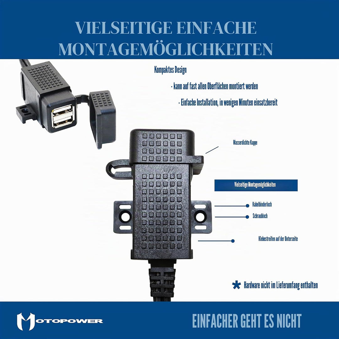 MOTOPOWER MP0609EA-UK 3,1 Amp USB-Ladegerät für Motorrad, wasserdicht, mit SAE-Klemmenkabel