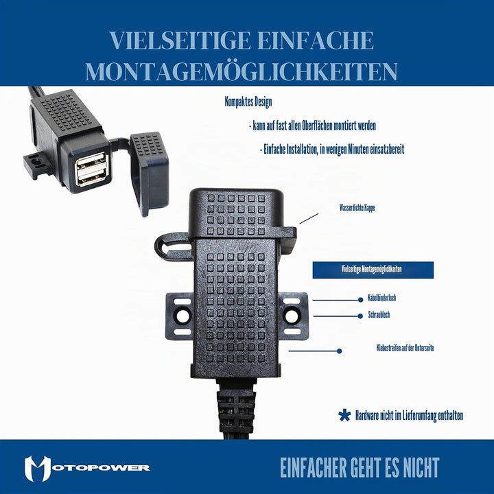 MOTOPOWER MP0609EA-UK 3,1 Amp USB-Ladegerät für Motorrad, wasserdicht, mit SAE-Klemmenkabel