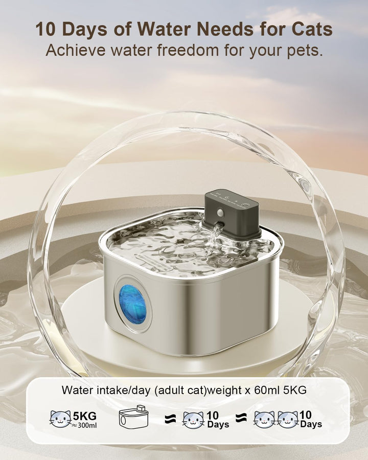 Katzenbrunnen Kabellos mit Bewegungsmelder- 3.2L Trinkbrunnen für Katze Edelstahl, 4200 mAh Leiser W