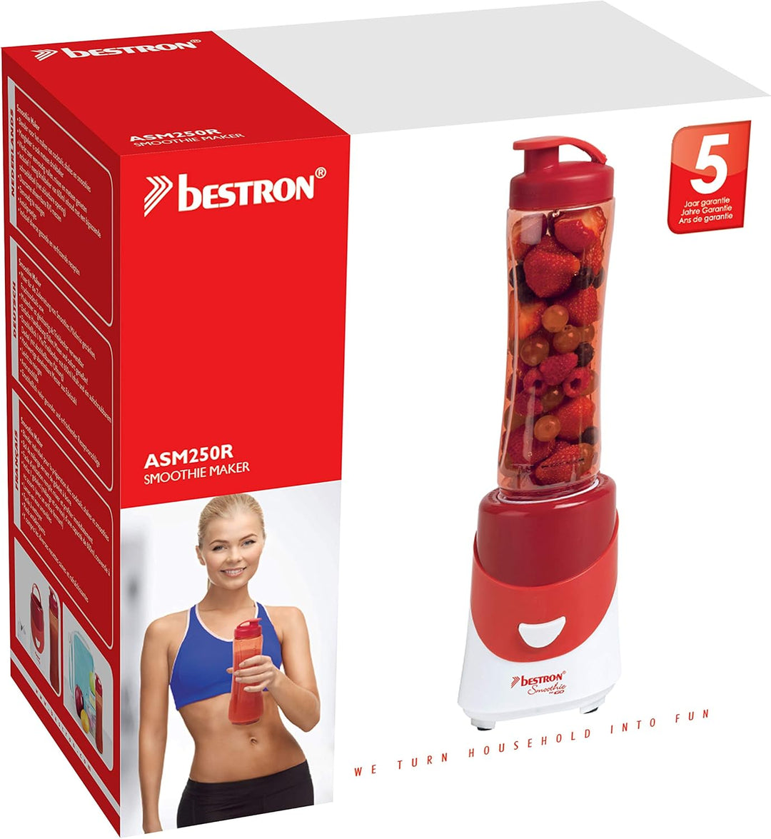 Bestron Smoothie Maker mit Mix-/Trinkbecher, 600 ml, 300 Watt, Rot Smoothie Maker + Trinkbecher Rot,