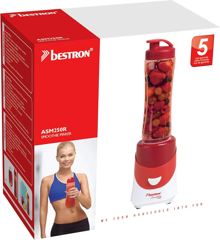 Bestron Smoothie Maker mit Mix-/Trinkbecher, 600 ml, 300 Watt, Rot Smoothie Maker + Trinkbecher Rot,