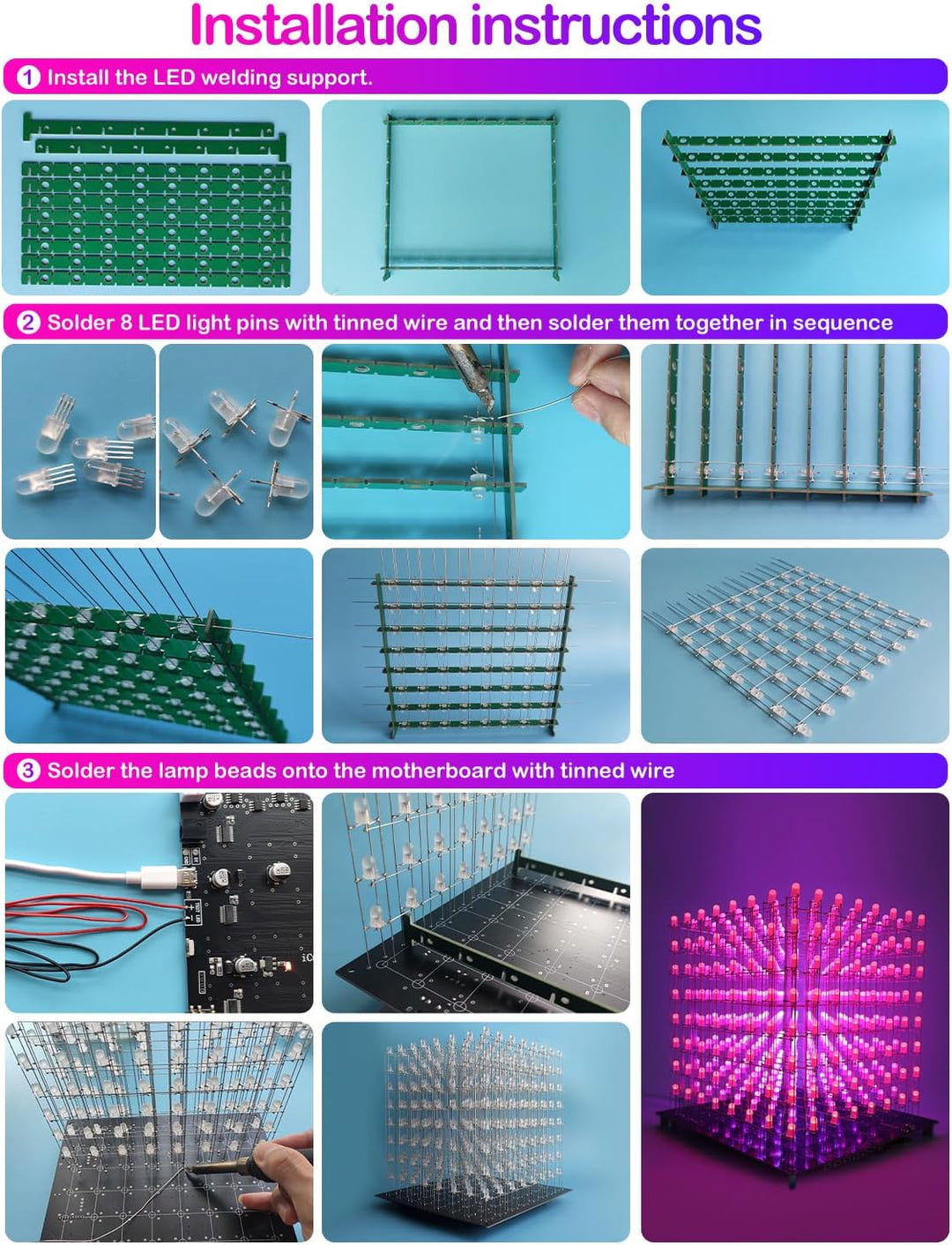 iCubeSmart 3D8RGB-KIT LED-Würfel-Set, DIY-Elektronik-Set, 8 x 8 x 8, LED-Lichtwürfel, DIY-Lötprojekt