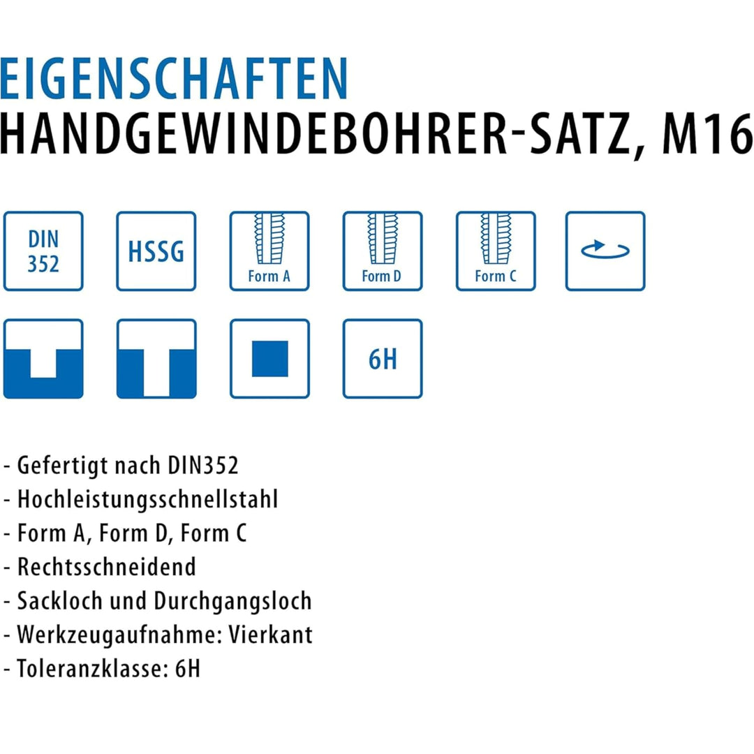 PROFI Gewindebohrer M16 Satz HSSG 3 teilig, Gewindeschneider | Vor-, Mittel- und Fertigschneider | H