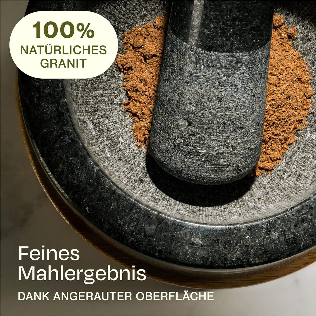 Mörser aus Granit klein mit Stössel - Für ein feines Mahlergebnis - Mit Untersetzer aus nachhaltigem