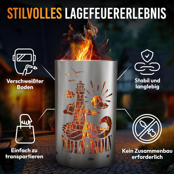 TiKo-Design® Feuertonne - Lagerfeuertonne - Feuerkorb mit Leuchtturm Moin Moin Motiv – Verleihen Sie