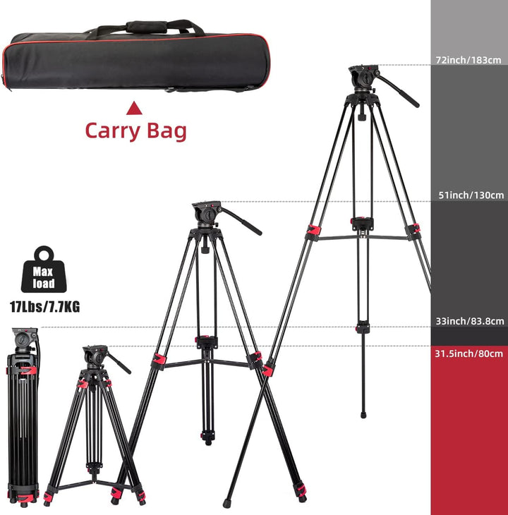 Heavy Duty Stativ 183 cm, Lusweimi Professionelles Aluminium-Videokamera-Stativ mit 2 Stück Universa