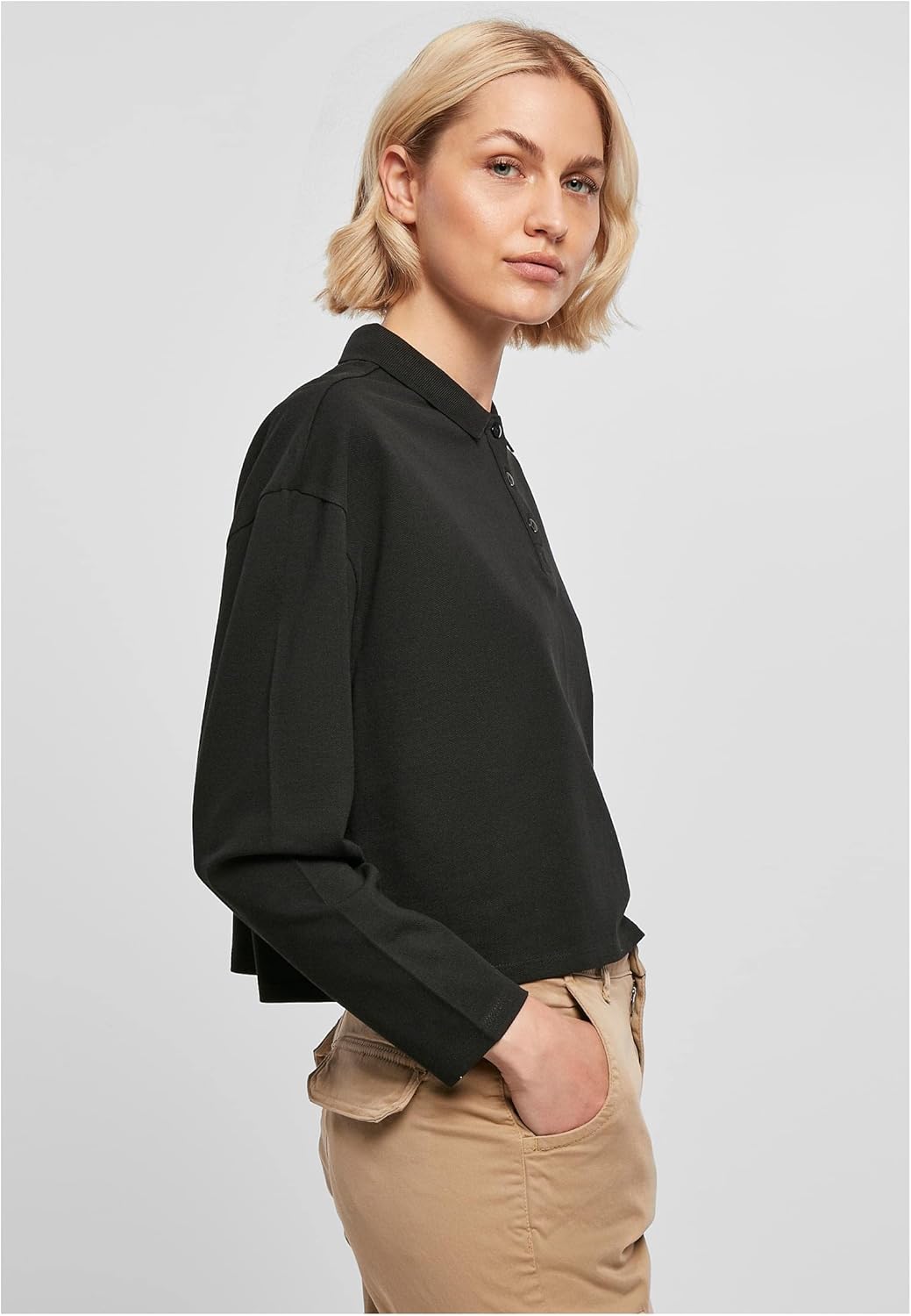 Urban Classics Damen Ladies Short Oversized Polo Longsleeve XXL Schwarz, XXL Schwarz