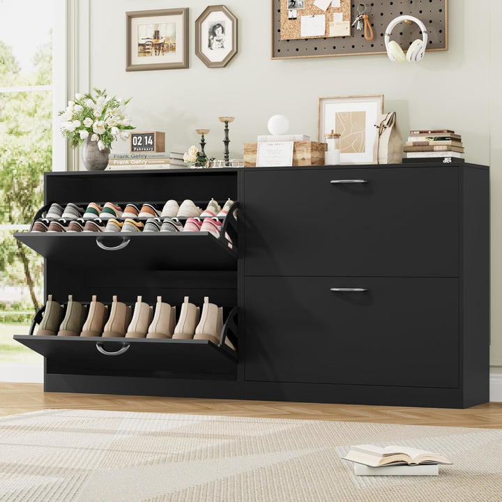 FirFurd Schuhschrank schwarz mit Schuhkipper für 8-16 Parre, Schuhregal platzsparend für Schuhaufbew