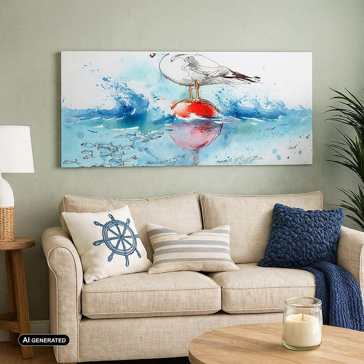 Panorama Bilder auf Leinwand 100x40cm Leinwandbild Wasser Fische Möwe hungrig Gross Wanddeko Bild Sc