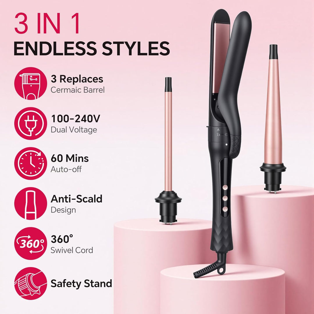 3-in-1 Lockenstab Set mit Glätteisen, Austauschbare Keramik-Turmalin Aufsätze für Grosse & Kleine Lo