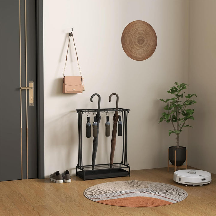 HOMCOM Regenschirmständer Stahl Schirmständer Rechteckiger Schirmhalter mit 24 Haken, 21 Löchern, he