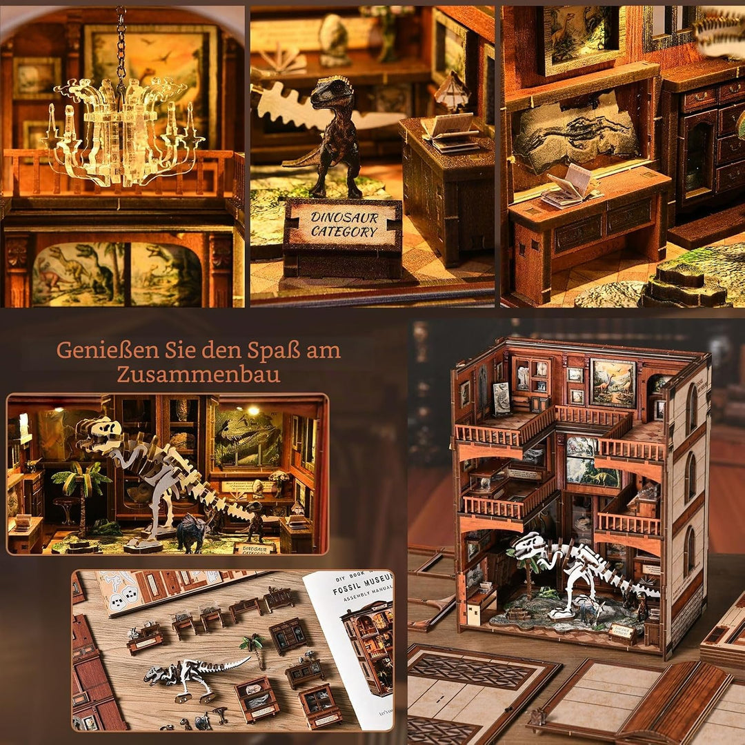Dinosaurier-Museum Buch Nook Kit | DIY Miniaturhaus Modell | 3D Holzpuzzle Bücherregal-Dekor | Kreat