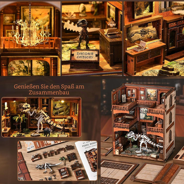 Dinosaurier-Museum Buch Nook Kit | DIY Miniaturhaus Modell | 3D Holzpuzzle Bücherregal-Dekor | Kreat