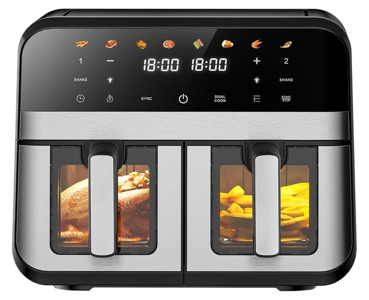 Heissluftfritteuse mit Sichtfenster | 9 Liter | Heissluftfritteuse mit 2 Körben | 8-in-1 Digitale Ai