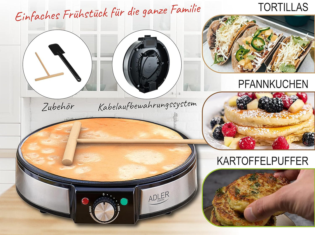 ADLER AD3058 Crêpes und Pfannkuchen Maker – Elektrische Antihaft-Heizplatte mit Erhöhten Kanten für