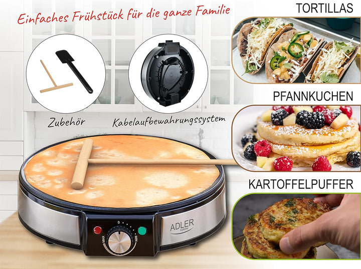 ADLER AD3058 Crêpes und Pfannkuchen Maker – Elektrische Antihaft-Heizplatte mit Erhöhten Kanten für
