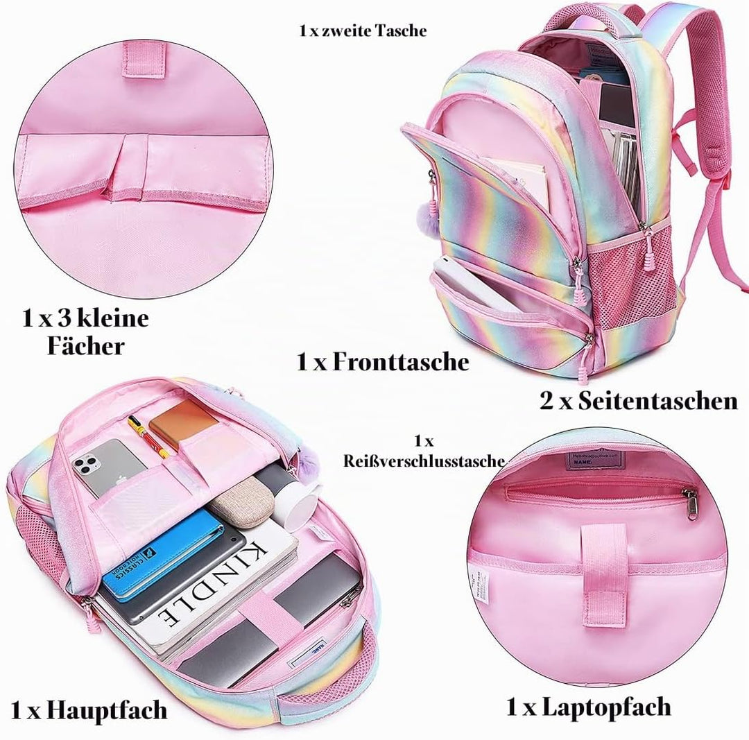 Schultaschen Mädchen Regenbogen Glitzer Rucksack Teenager Set Bunte Schulrucksack Damen Lässiger Tag