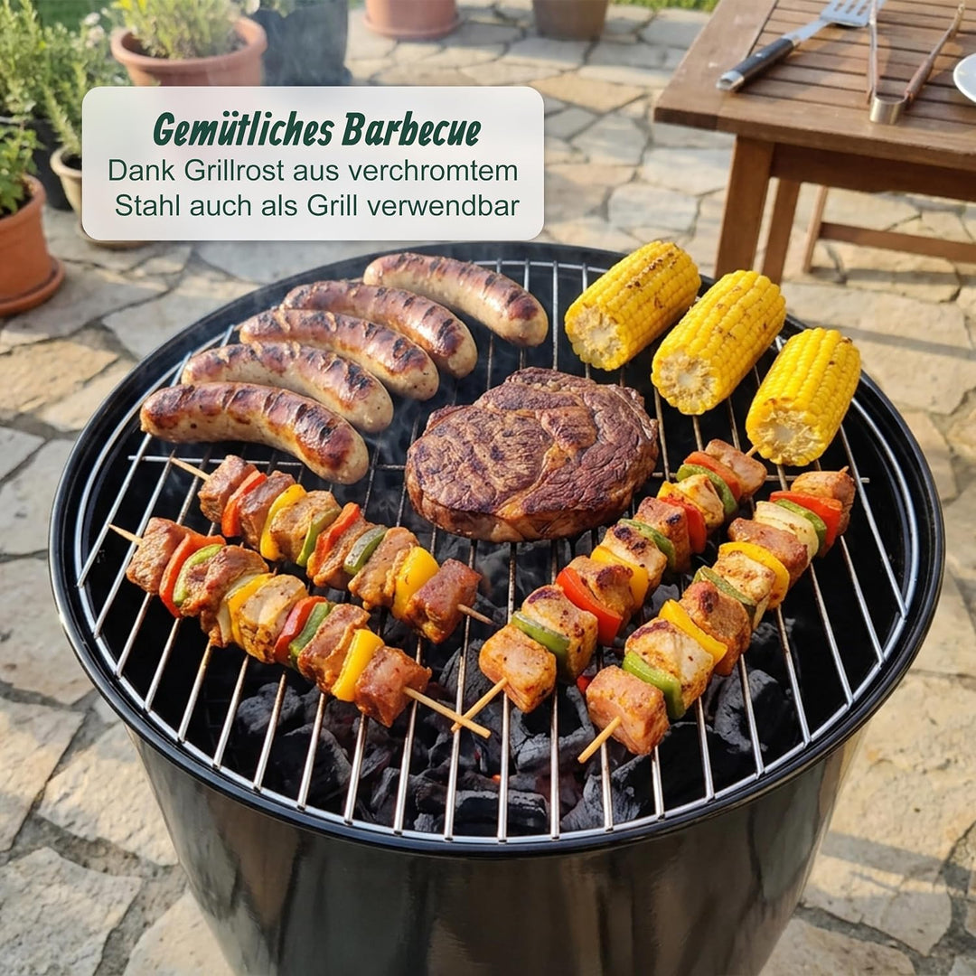 Relaxdays Feuerschale ohne Rauch, 2 in 1 mit Grillrost, Stahl, schwarz | HxØ: 46x52 cm, emailliert,