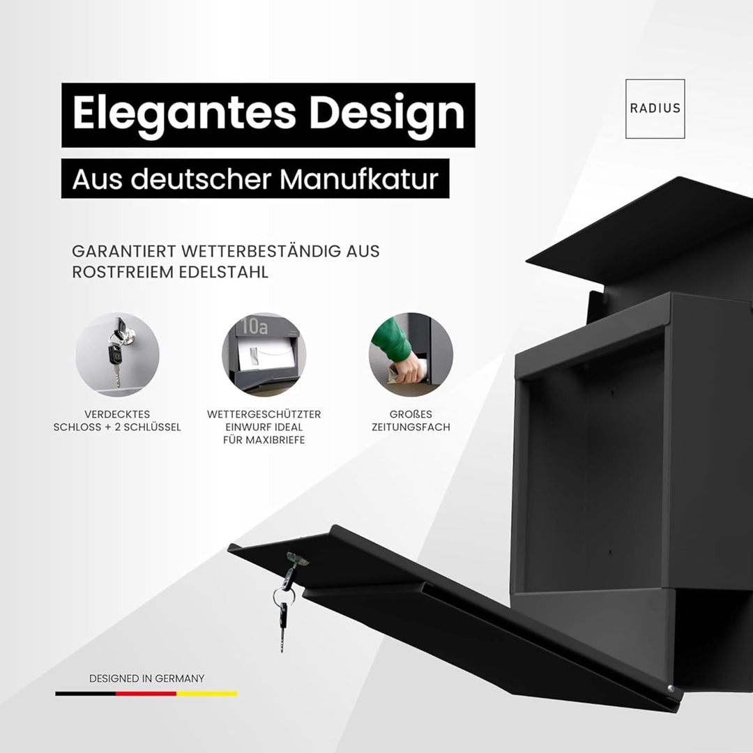 Radius® Designer Briefkasten Edelstahl - Hausnummer & Briefkasten Namensschild personalisiert mit La