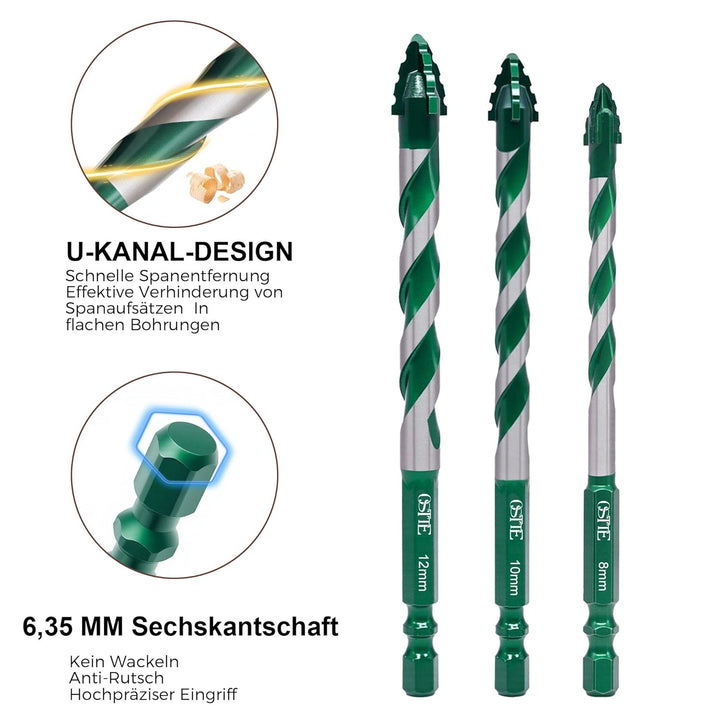 Glasbohrer Set 10 tlg, Vierschneidiger Sägezahn Exzenterbohrer mit Kobalt, Steinbohrer Set 3-12mm,6.