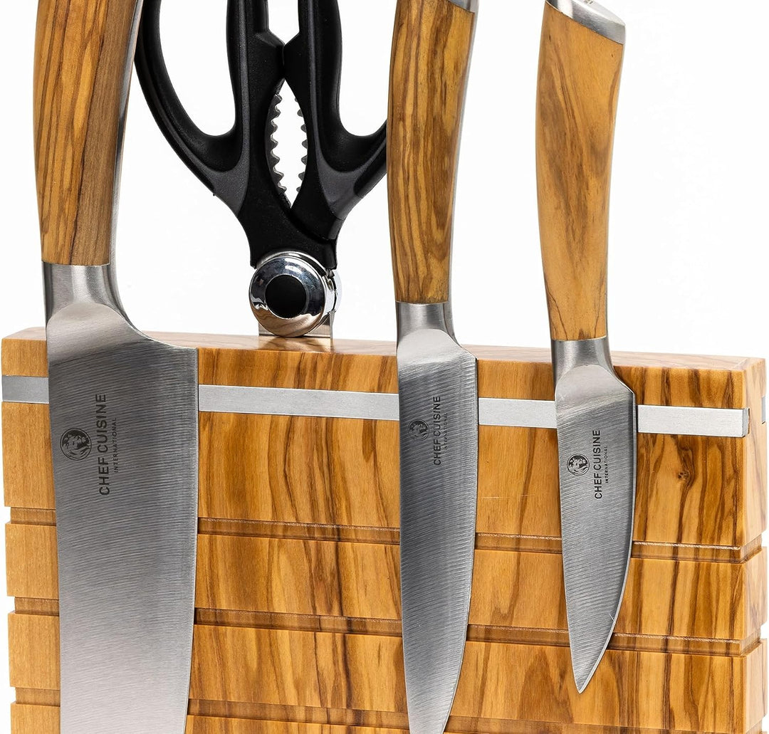 Chef Cuisine Messerset mit Messerblock Olivenholz 5-teilig – hochwertiger Messerblock magnetisch mit