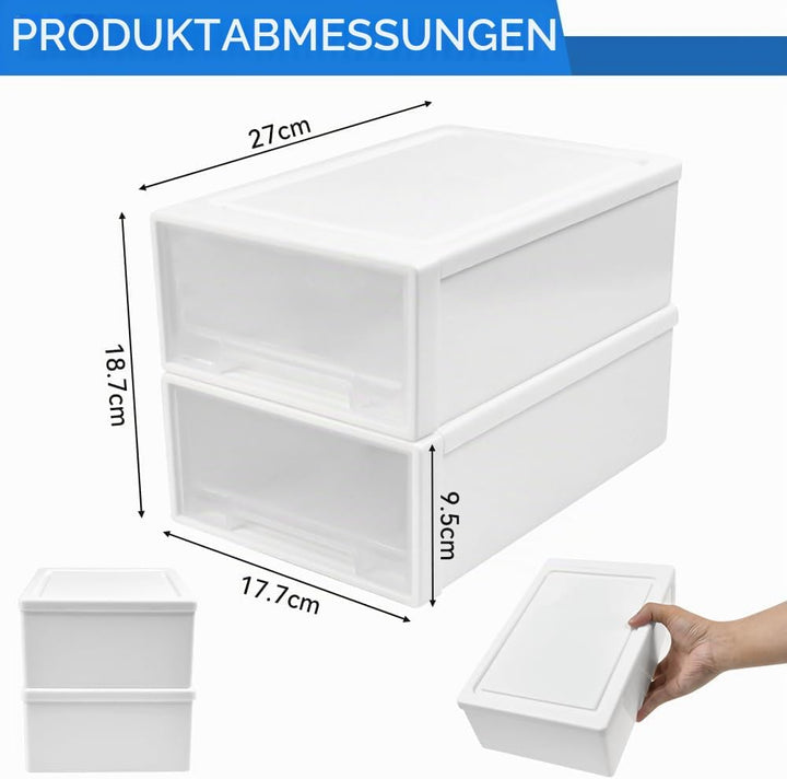 2 Stück 4,5L Schubladenbox Kunststoff Transparent-Weiss Aufbewahrungsbox mit Schubladen Stapelbare S