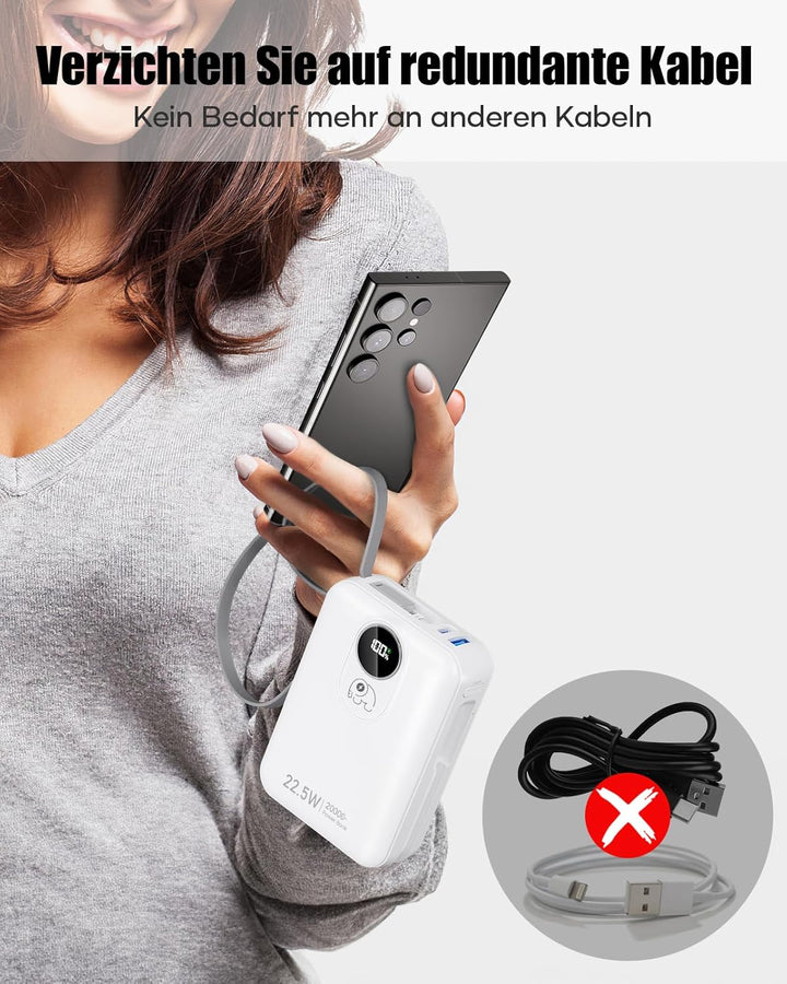 20000mAh Power Bank mit integriertem Kabel: 22.5W Schnell Aufladende Externe Batterie für Handy, USB