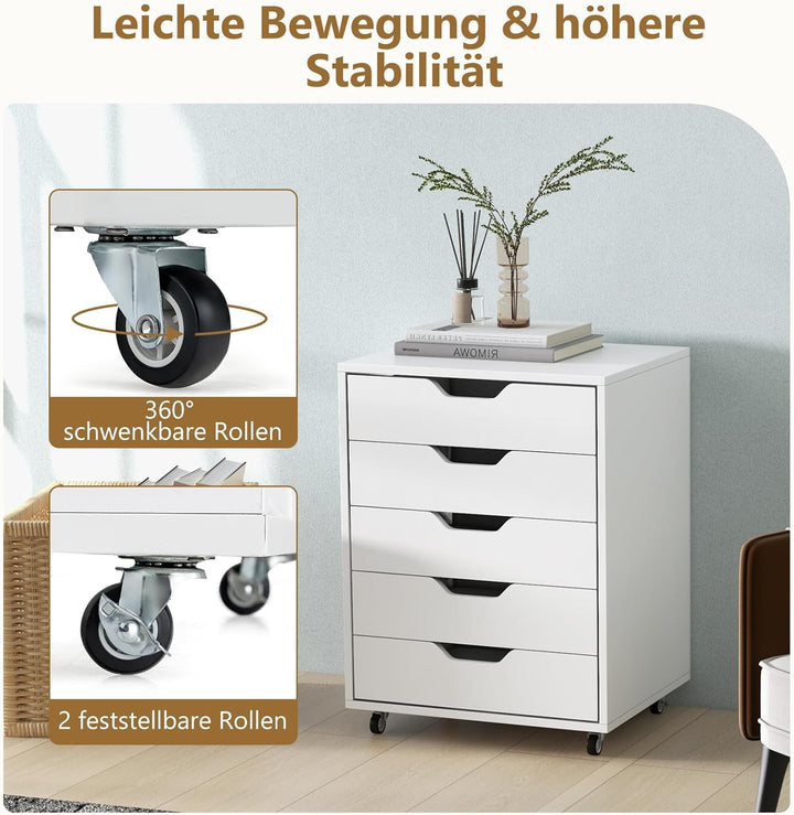 FANTASK Schubladenschrank mit Rädern, Rollcontainer, mobiler Schrank mit 5 Schubladen für Zuhause, W