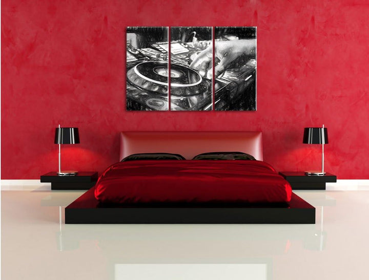 Pixxprint DJ Plattenteller Cool Music als Leinwandbild | Grösse: 3 Teilig (120x80) | Wandbild| Kunst