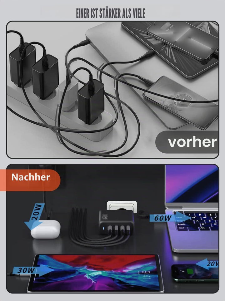 130W USB C Ladegerät, Type C PD 100W+QC 30W PPS GaN Netzteil mit 100W Schnellladekabel 4-Port USB C