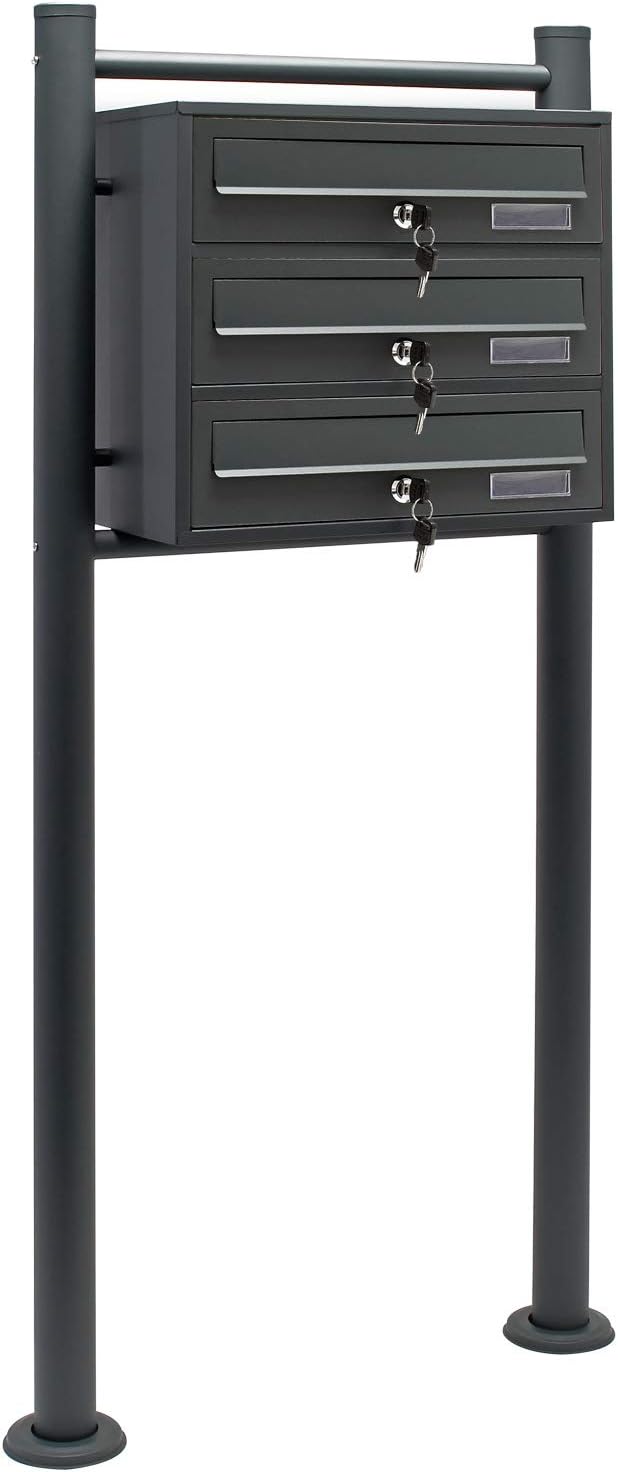 Wiltec 3er Briefkastenanlage Anthrazit 512 x 270 x 1150 mm, Standbriefkasten mit 3 Fächern, Schlüsse