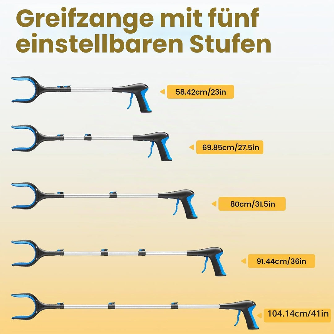 Greifzange für Senioren, Reacher - 5-stufiger Teleskop-Greifer (60-104 cm) – Leichte Greifhilfe & Mü