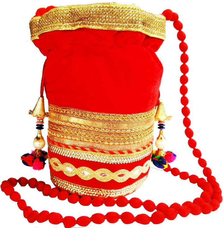 Purpledip Rich Velvet Potli Bag (Clutch, Drawstring Purse, Evening Handbag) For Women With Heavy Gol