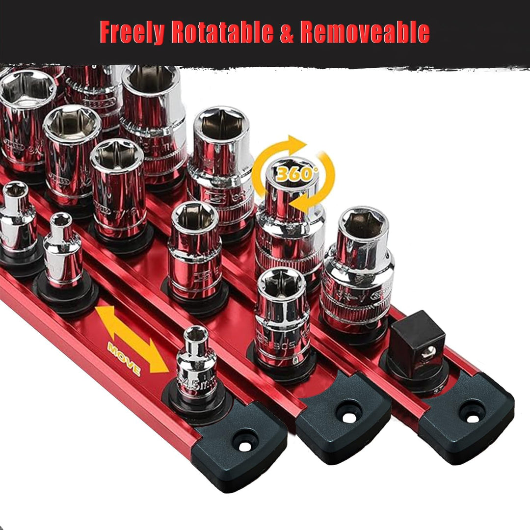 ACEBON Magnetische Stecknuss-Rail 3-tlg, Aluminium Steckschlüssel-Organizer mit 42 Drehbare Clips fü