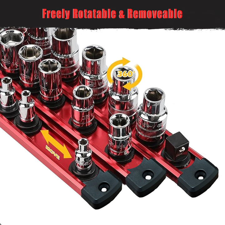 ACEBON Magnetische Stecknuss-Rail 3-tlg, Aluminium Steckschlüssel-Organizer mit 42 Drehbare Clips fü